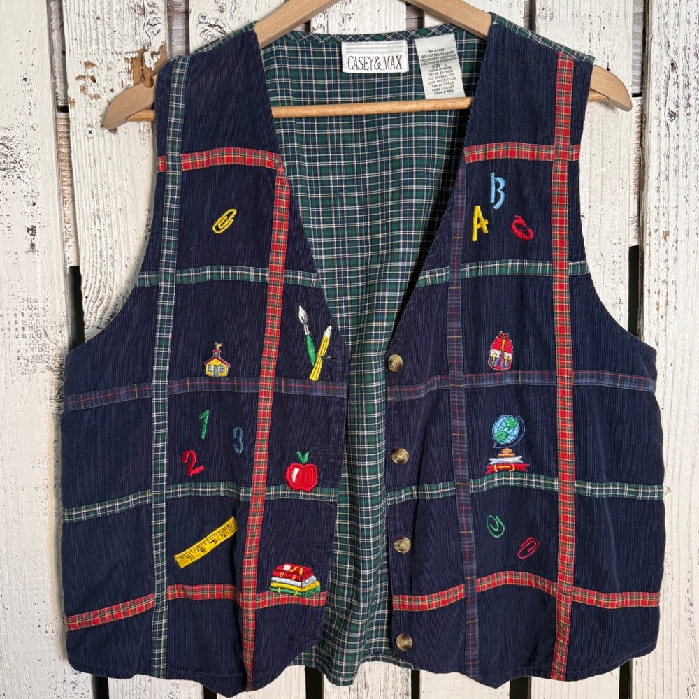 Vtg 90s Casey & Max Navy Corduroy Vest Large School Teacher Academia  Whimsical